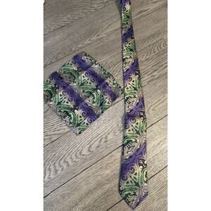 Classic Paisley Green Gold Purple JACQUARD WOVEN 100% Silk Tie Necktie & Hanky